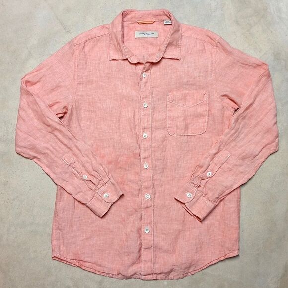 Tommy Bahama Size Large 100% Linen Men’s Shirt Long Sleeve Salmon Peach - Picture 1 of 7